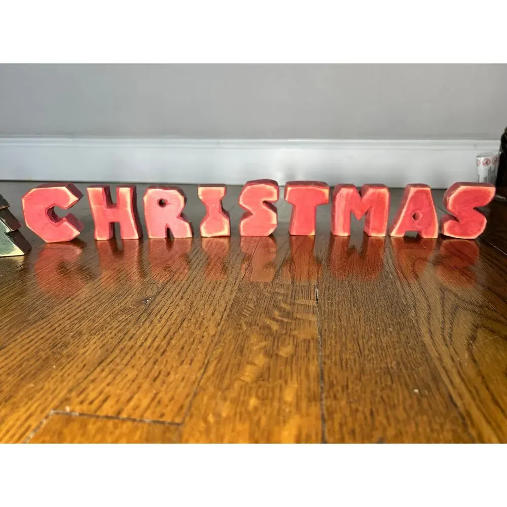 Vintage Wood Merry Christmas Letter Blocks, Hand Painted Standing Letters